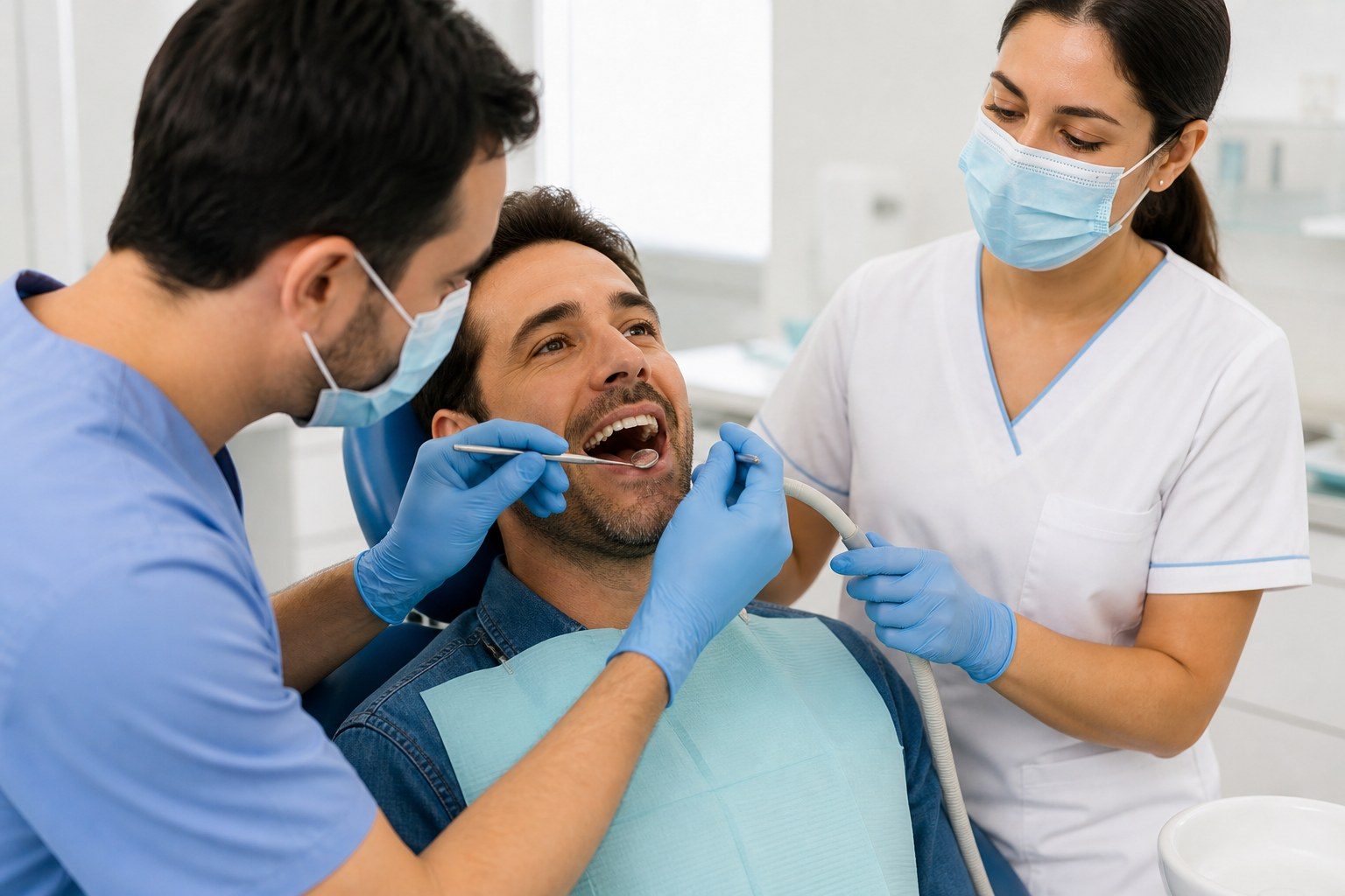 Revisión dental preventiva en una clínica moderna Equipo dental realizando una revisión completa a un paciente adulto